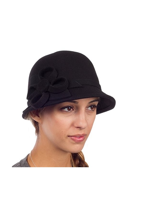Sakkas EH0121LC - Chapeau Hiver Cloche 100% Laine Femmes Style Rétro avec Accent Ruban Fleurs 6 Couleurs - Noir/Taille Uniq