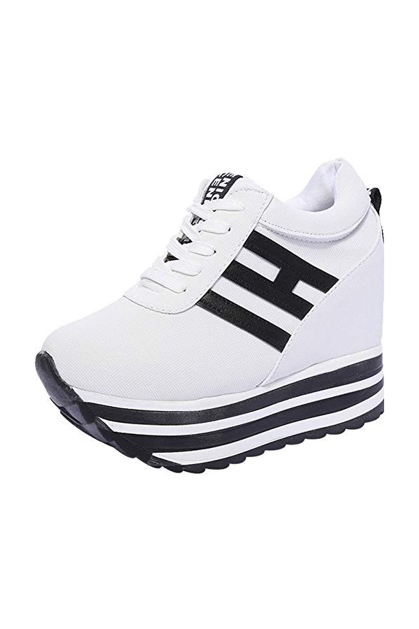 wealsex Basket Mode Toile Plateforme Compensée Femme Sneakers Chaussure Décontracté Bateau Semelle Epaisse Blanche,étiquette