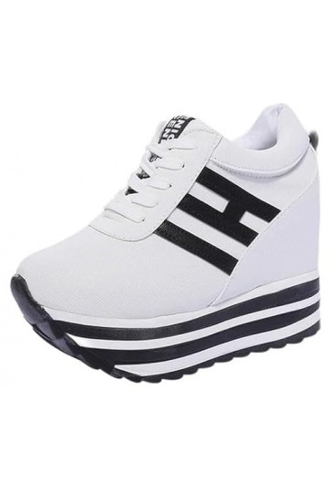 wealsex Basket Mode Toile Plateforme Compensée Femme Sneakers Chaussure Décontracté Bateau Semelle Epaisse Blanche,étiquette