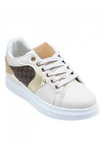 Primtex Baskets Semi compensées Mode Femme Simili Cuir Beige empiècement Marron & doré