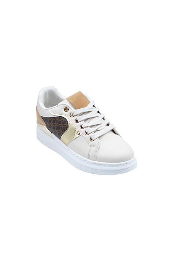 Primtex Baskets Semi compensées Mode Femme Simili Cuir Beige empiècement Marron & doré
