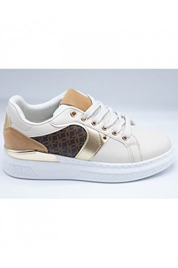 Primtex Baskets Semi compensées Mode Femme Simili Cuir Beige empiècement Marron & doré
