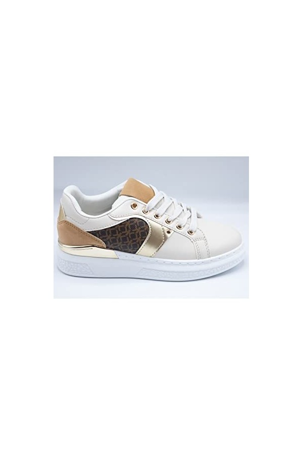 Primtex Baskets Semi compensées Mode Femme Simili Cuir Beige empiècement Marron & doré