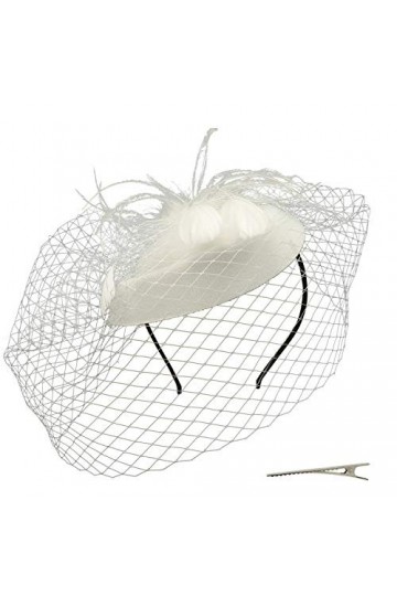 Umeepar Chapeau Bibi pilulier pour Femme - pour Mariage, soirée - avec Voile, Plume - Blanc, Taille Unique
