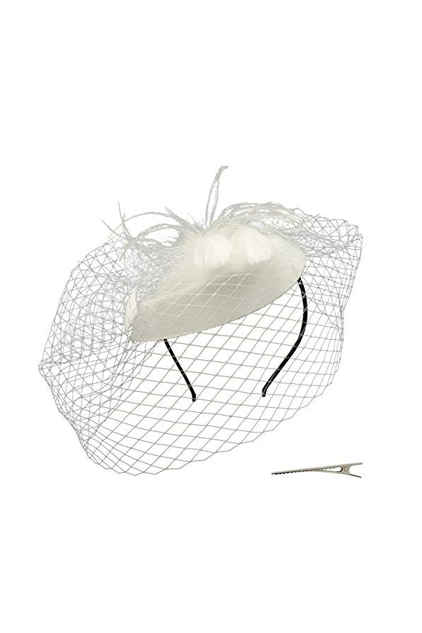 Umeepar Chapeau Bibi pilulier pour Femme - pour Mariage, soirée - avec Voile, Plume - Blanc, Taille Unique