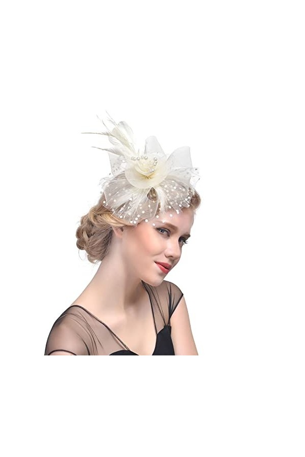 Fascinator Chapeau, Chapeau Fascinator pour Femme, Chapeau de Fascinateur en Voile Maillé et Plumes,Plume Mariage Dames Day B