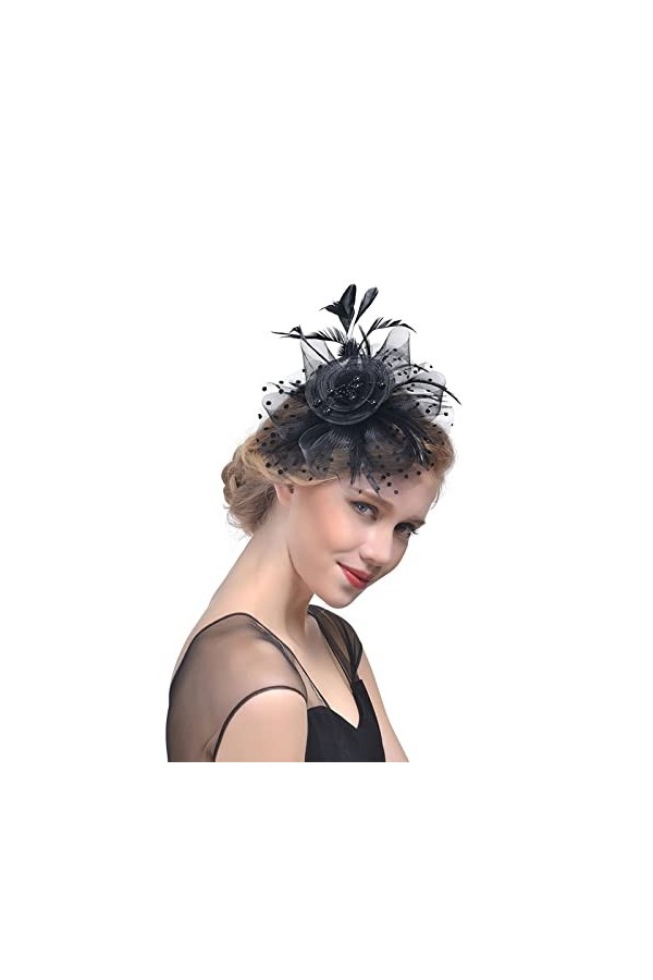 Fascinator Chapeau, Chapeau Fascinator pour Femme, Chapeau de Fascinateur en Voile Maillé et Plumes,Plume Mariage Dames Day B