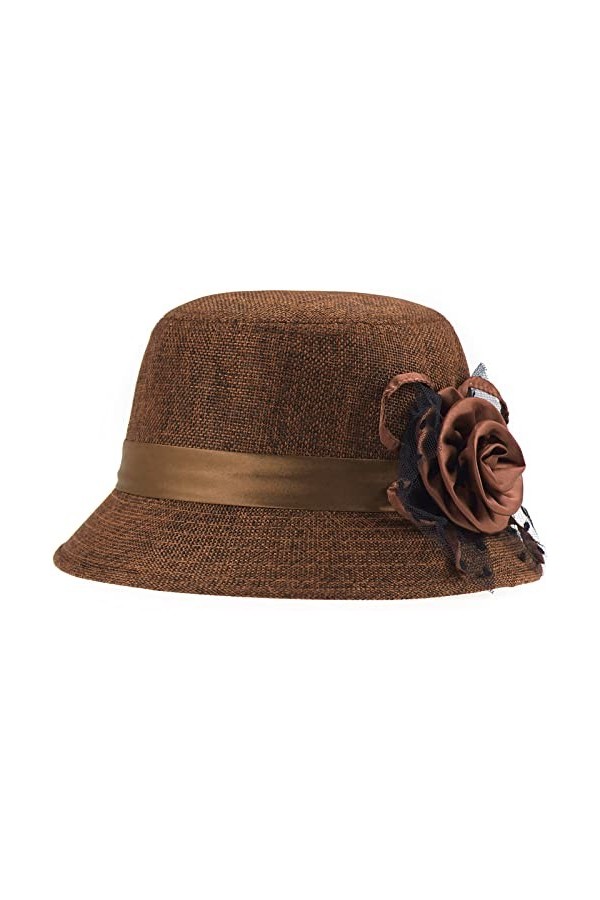 KharmLaddy Chapeau melon pour femme avec fleur rétro Derby pour église, fête de mariage, marron, taille unique