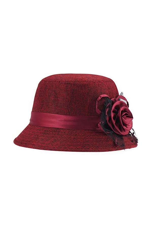 KharmLaddy Chapeau melon pour femme avec fleur rétro Derby pour église, fête de mariage, marron, taille unique