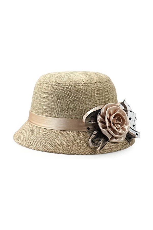 KharmLaddy Chapeau melon pour femme avec fleur rétro Derby pour église, fête de mariage, marron, taille unique