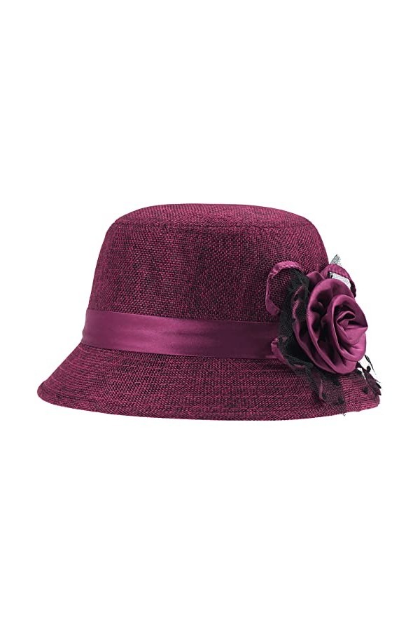 KharmLaddy Chapeau melon pour femme avec fleur rétro Derby pour église, fête de mariage, marron, taille unique