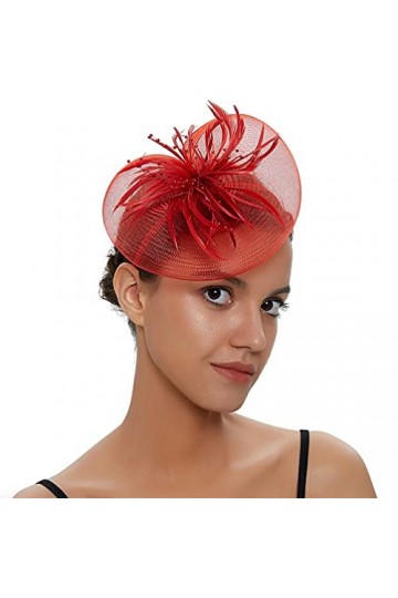 Amosfun Chapeau bibi élégant avec fleurs et plumes - En maille filet - Pour femme et fille - Noir, rouge,