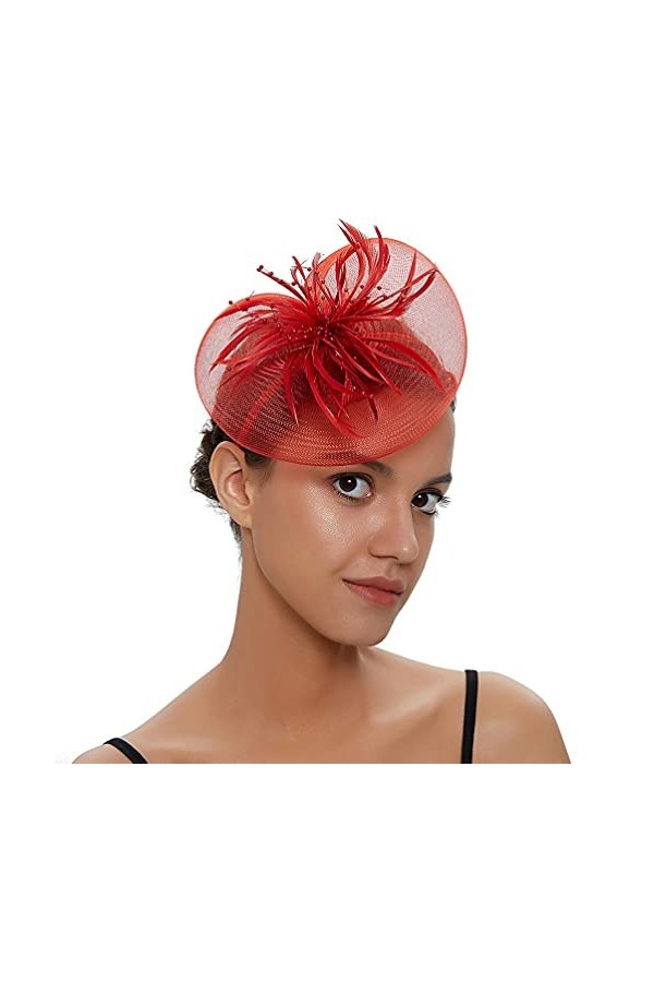 Amosfun Chapeau bibi élégant avec fleurs et plumes - En maille filet - Pour femme et fille - Noir, rouge,