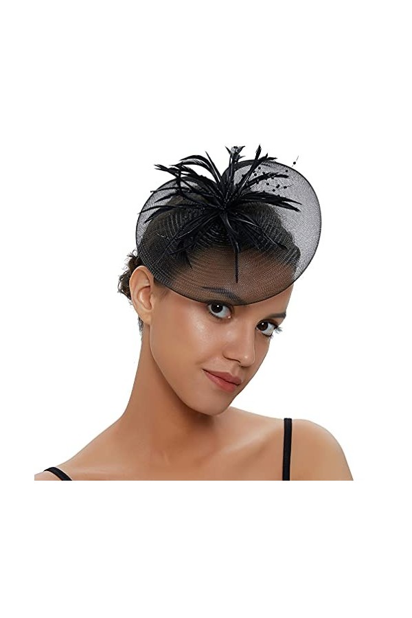 Amosfun Chapeau bibi élégant avec fleurs et plumes - En maille filet - Pour femme et fille - Noir, rouge,
