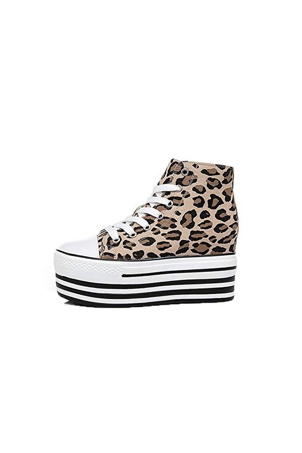 Generic11 Baskets pour Femmes en Toile léopard, Chaussures de Sport à Lacets, antidérapantes, Talon compensé caché, Chaussure