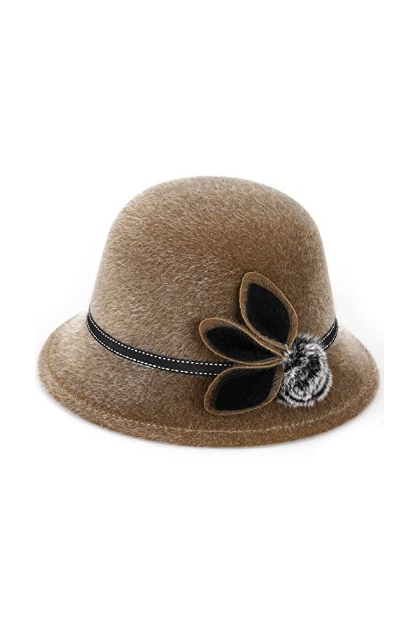 KharmLaddy Chapeau melon dhiver pour femme - Style rétro - Fedora en fausse fourrure - Pour église, mariage, thé, marron, ta