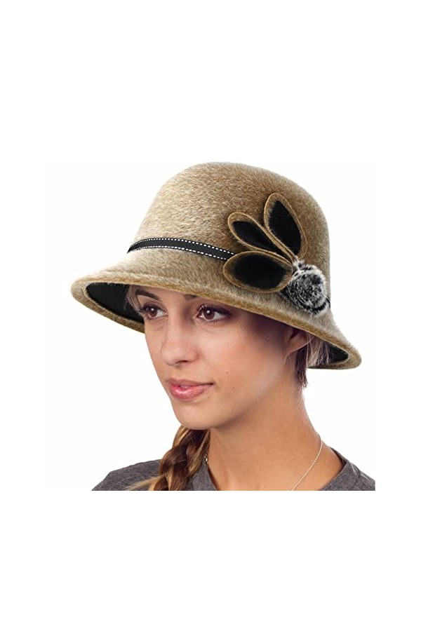 KharmLaddy Chapeau melon dhiver pour femme - Style rétro - Fedora en fausse fourrure - Pour église, mariage, thé, marron, ta