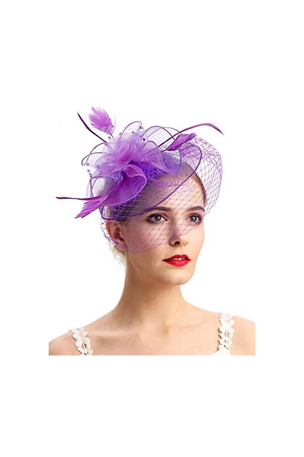 Cizoe Chapeau bibi pour femme - Style vintage des années 20 et 50 - Chapeau à pilules Kentucky Derby - Voile de fleurs - Chap