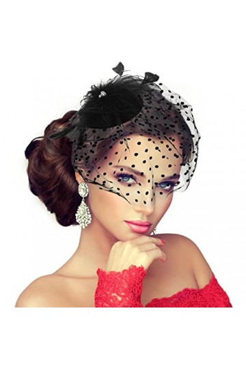 Fascinator Chapeau Femme Noir Moucheté Maille Plume Diadème Chapeau Vintage thé Fête Couvre Chef Cocktail Fête Mariage Cheveu