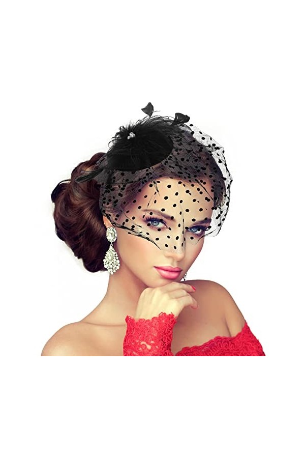 Fascinator Chapeau Femme Noir Moucheté Maille Plume Diadème Chapeau Vintage thé Fête Couvre Chef Cocktail Fête Mariage Cheveu