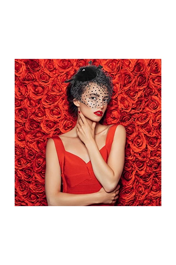 Fascinator Chapeau Femme Noir Moucheté Maille Plume Diadème Chapeau Vintage thé Fête Couvre Chef Cocktail Fête Mariage Cheveu