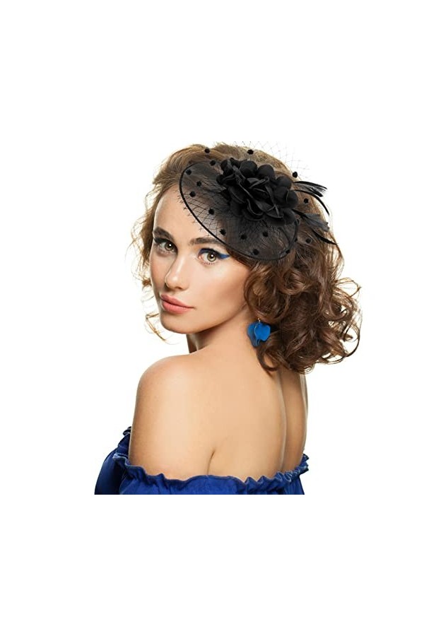 Chapeau Fascinators pour Femmes Noir Floral Plume Maille Chapeau Vintage Cocktail Mariage thé Fête Couvre-Chef Accessoires po