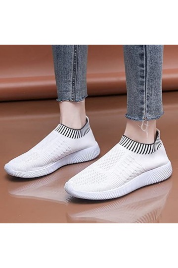 Sbyhbhyds Mode été Femmes Baskets Grande Taille sans Lacet Maille Respirant léger Confortable décontracté Talon Compensé Blan
