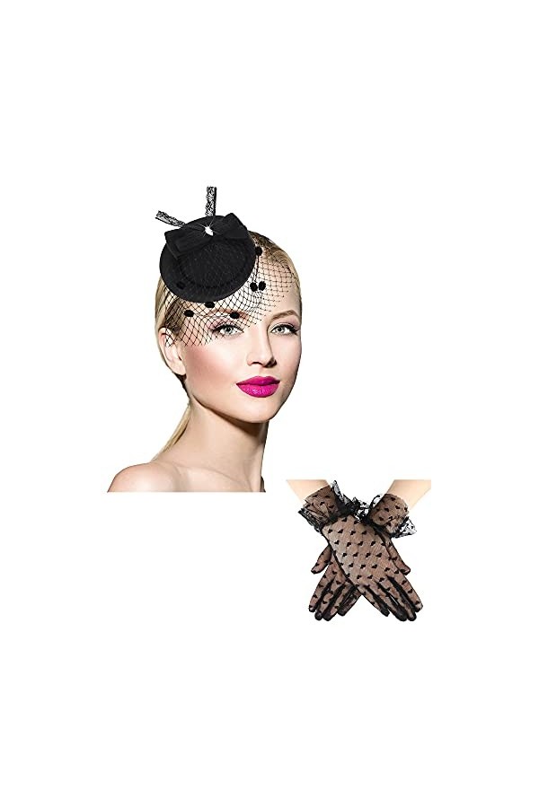 Chapeau Fascinator des Années 50 pour Femmes Chapeau de Voile de Pillbox Fête de Cocktail Thé Gant en Dentelle Style Classiq