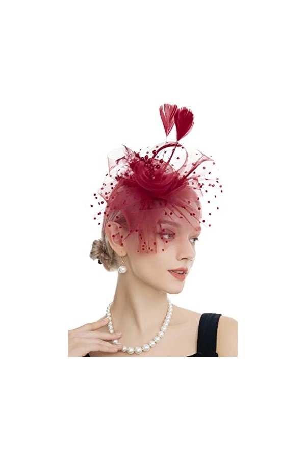 Myjoyday Chapeau bibi pour femme avec plumes de fleurs en mousseline de soie, 2-Rose, Taille unique