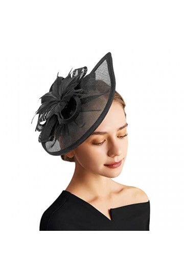 DRESHOW Chapeau bibi en maille fleurie avec rubans et plumes sur un bandeau et un clip pour le thé pour filles et femmes, 1 p