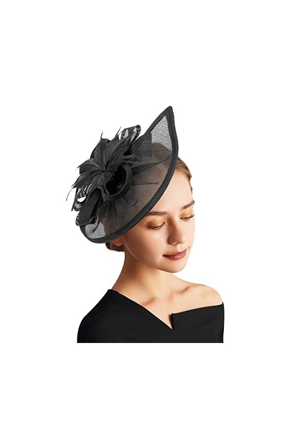 DRESHOW Chapeau bibi en maille fleurie avec rubans et plumes sur un bandeau et un clip pour le thé pour filles et femmes, 1 p