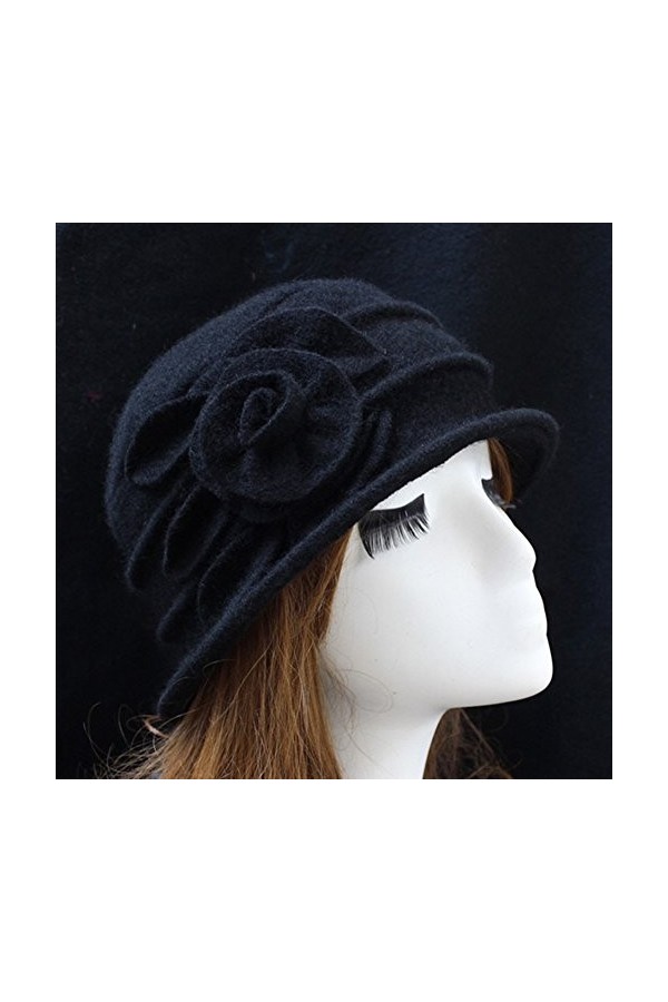 ZHOUBA Chapeau déglise vintage en laine avec fleur pour femme - Noir - Taille Unique