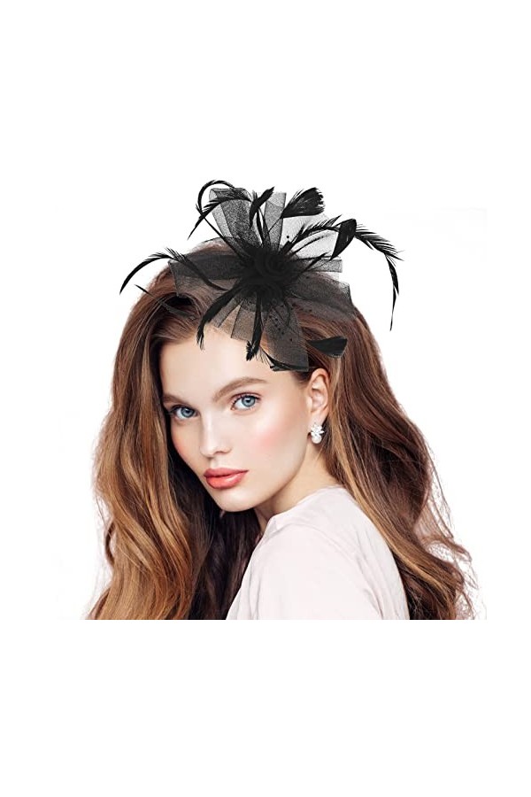 Chapeau Fascinators Femmes Noir Maille Plume Chapeaux Casquette Rétro thé Fête Chapeaux Cocktail Fête Mariage Cheveux Accesso