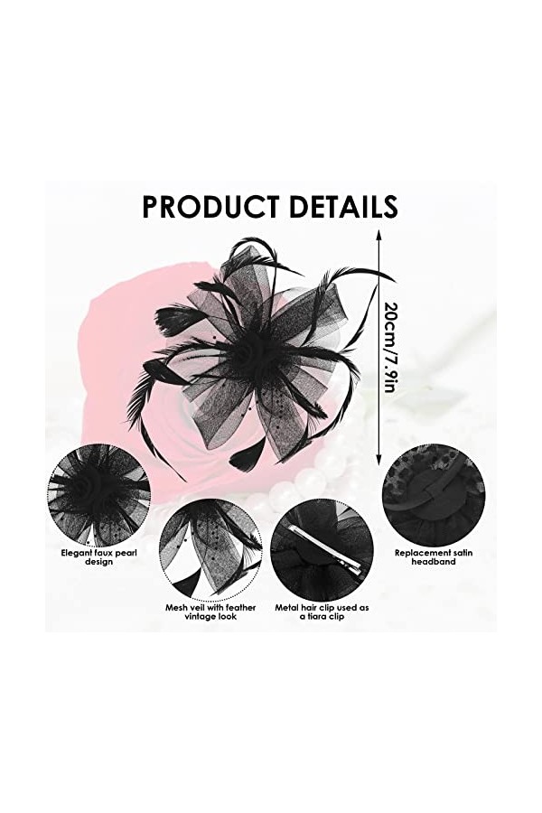 Chapeau Fascinators Femmes Noir Maille Plume Chapeaux Casquette Rétro thé Fête Chapeaux Cocktail Fête Mariage Cheveux Accesso