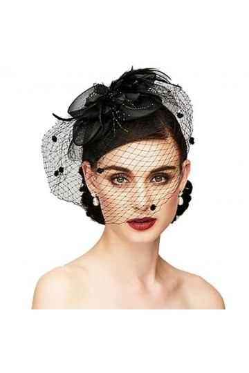 Losuya Chapeau bibi avec nœud et plumes, voile en maille pour femme noir 