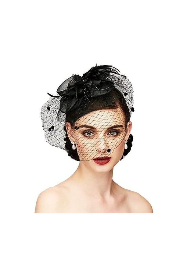 Losuya Chapeau bibi avec nœud et plumes, voile en maille pour femme noir 