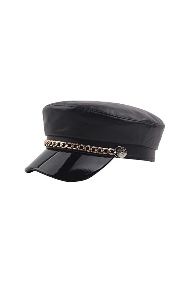Chapeau de capitaine de yacht en PU pour femme, Noir avec chaîne., 7-7 1/4