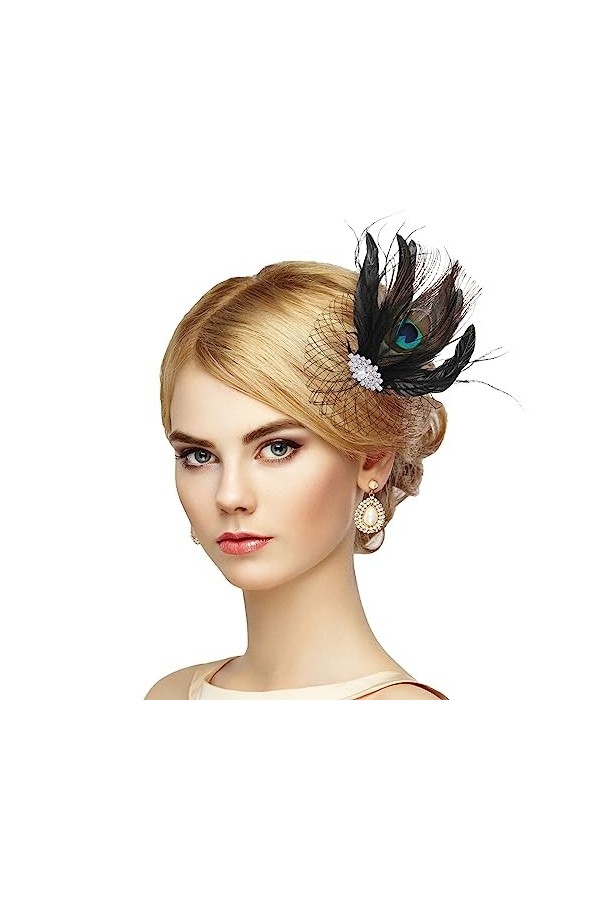Lusofie Chapeau Bibi Mariage Femme Fascinator Voile en Maille de Plumes Voile Mariée en Maille de Plume de Paon Chapeau de Fê