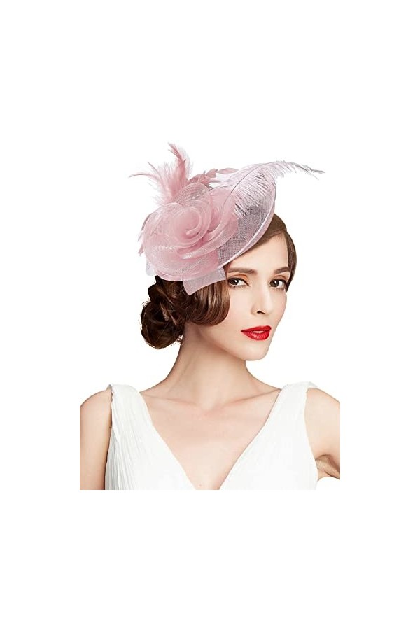 Z&X Sinamay Bibi et chapeaux avec serre-tête en maille avec fleur et plumes pour mariage Royal Ascot Chapeau, 01 Nude Rose, t