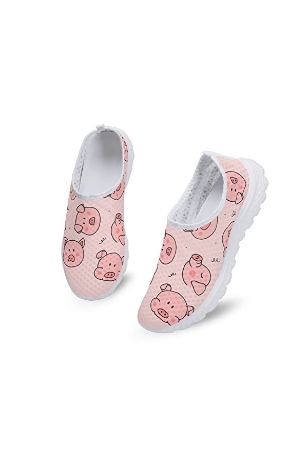 Kuiaobaty Chaussures de marche pour femme, cochon à motif floral, baskets légères à enfiler pour le travail, chaussures décon