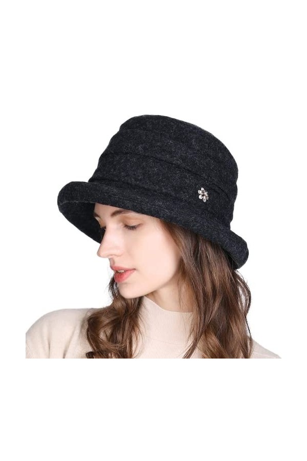 Comhats Chapeau dhiver en feutre rétro pour femme 100 % laine 1920s - Chapeau déglise classique - Chapeau Bowler - Chapeau 