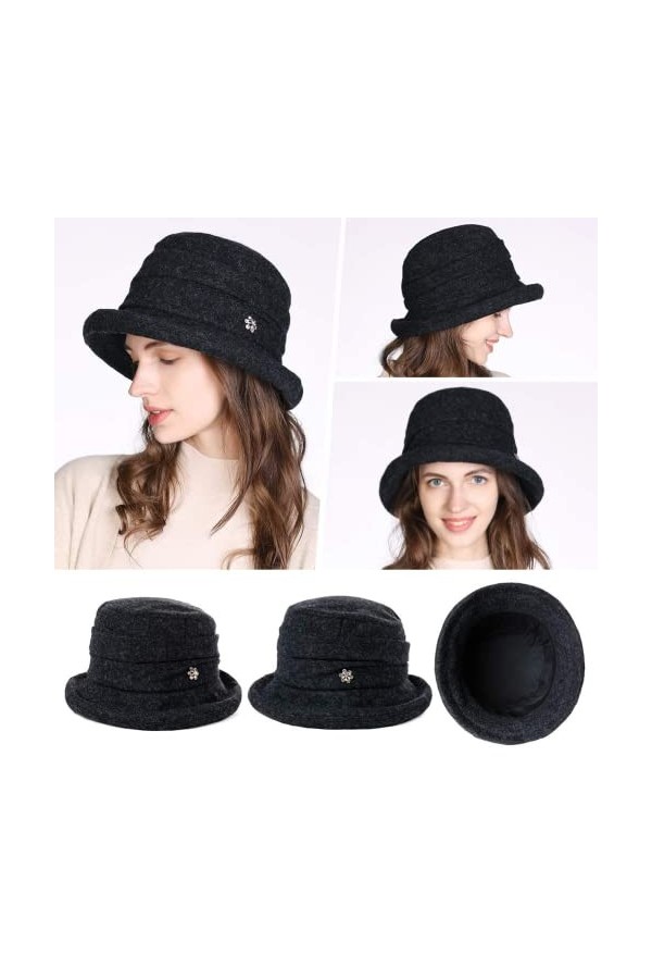 Comhats Chapeau dhiver en feutre rétro pour femme 100 % laine 1920s - Chapeau déglise classique - Chapeau Bowler - Chapeau 