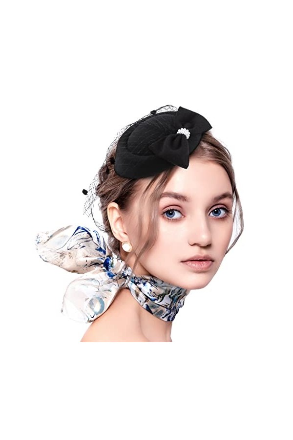 Dames Chapeau Fascinators Noir Moucheté Maille Chapeaux Casquette Années 1920 Vintage thé Chapeau Fête Cocktail Mariage Cheve