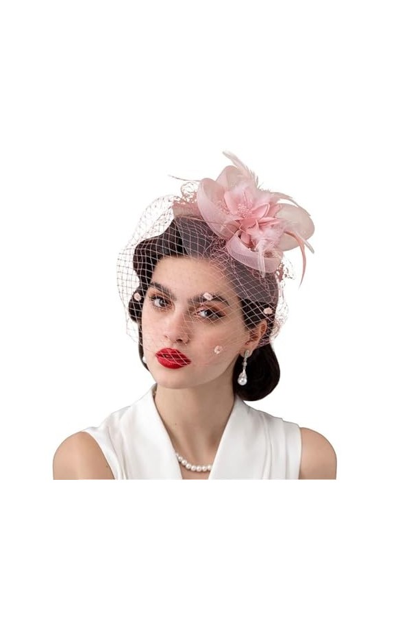 KGDUYC Chapeau Fascinateur Vintage en Dentelle et Plumes Chapeau avec Epingle à Cheveux Rose- pour Femmes Accessoires pour Vê