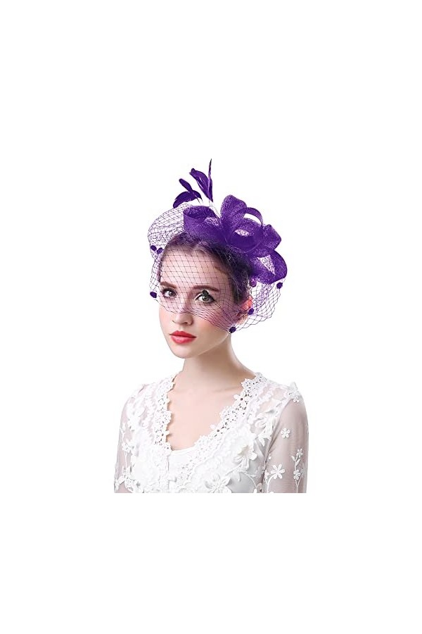 HKSCKJ Chapeau bibi pour femme - Plume - En maille - Bandeau rétro à fleurs - Élégant bijou de mariée - Bijou de mariée - Bij