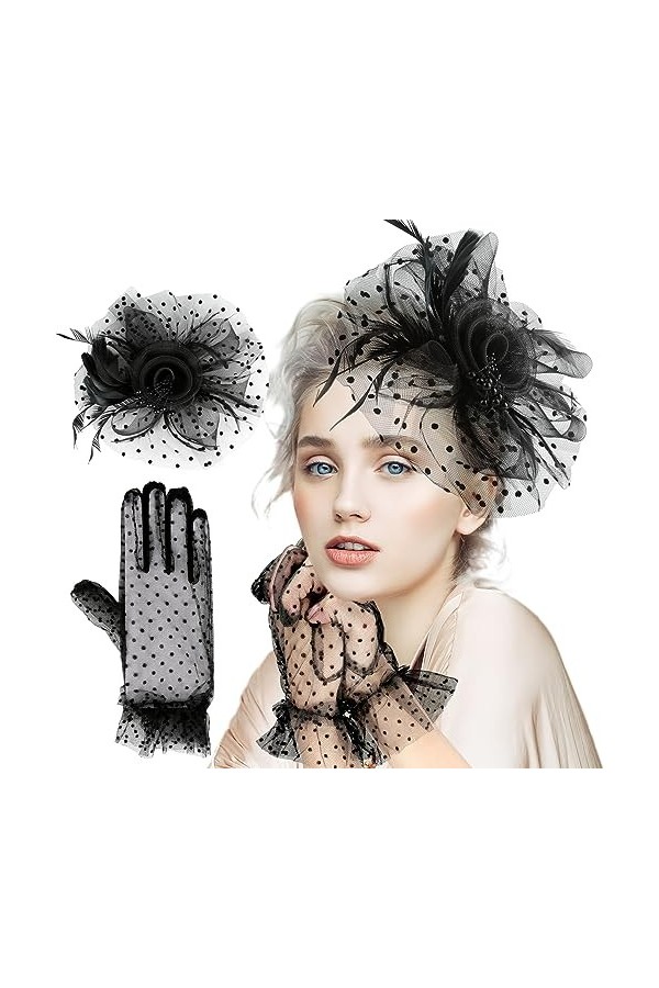 HDHGXUJRD Fascinator Chapeau Fleur pour Femme Fille Femme Maille Plumes Chapeau Mariage Chapeau et Gants Dentelle Tea Party C