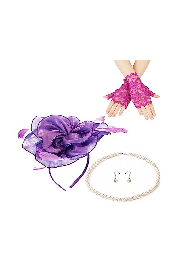 Chapeau de Thé, Plumes Fleurs Chapeaux Fascinators Dames Chapeaux Tea Party pour Femme avec Gants en Dentelle Collier de Perl