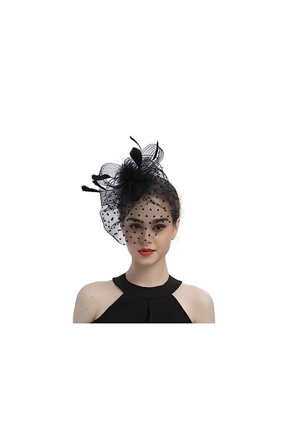 Fascinator Chapeau,Plume Chapeau de Voile Vintage Femmes Soucoupe Noire Sinamay Bandeau Fascinateur Mariage Ascot Chapeau Hat
