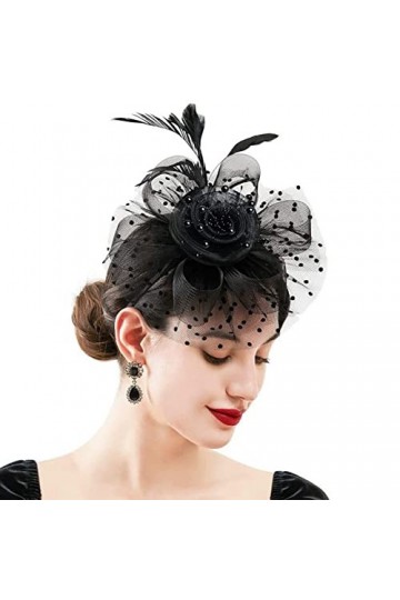 Fascinator Femme Plumage Bandeau Fascinator Fleur Maille Dentelle Clip Chapeau Plume Cheveux Accessoires Chapeaux pour Fête É
