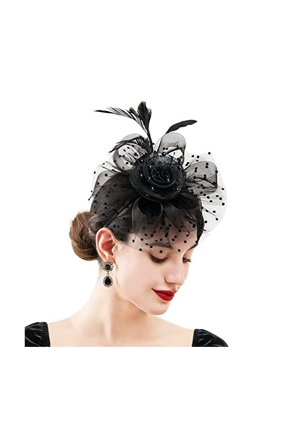 Fascinator Femme Plumage Bandeau Fascinator Fleur Maille Dentelle Clip Chapeau Plume Cheveux Accessoires Chapeaux pour Fête É